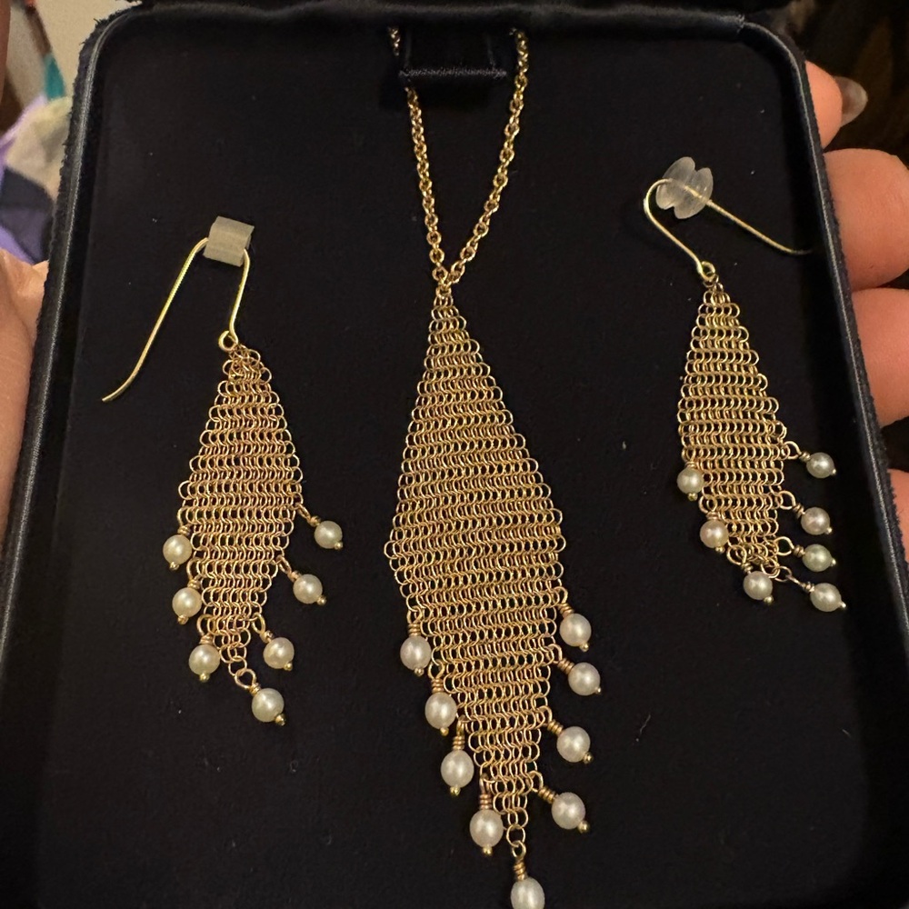 Tiffany & Co. 18K Gold and Pearl Mesh Earrings and Pendant Set